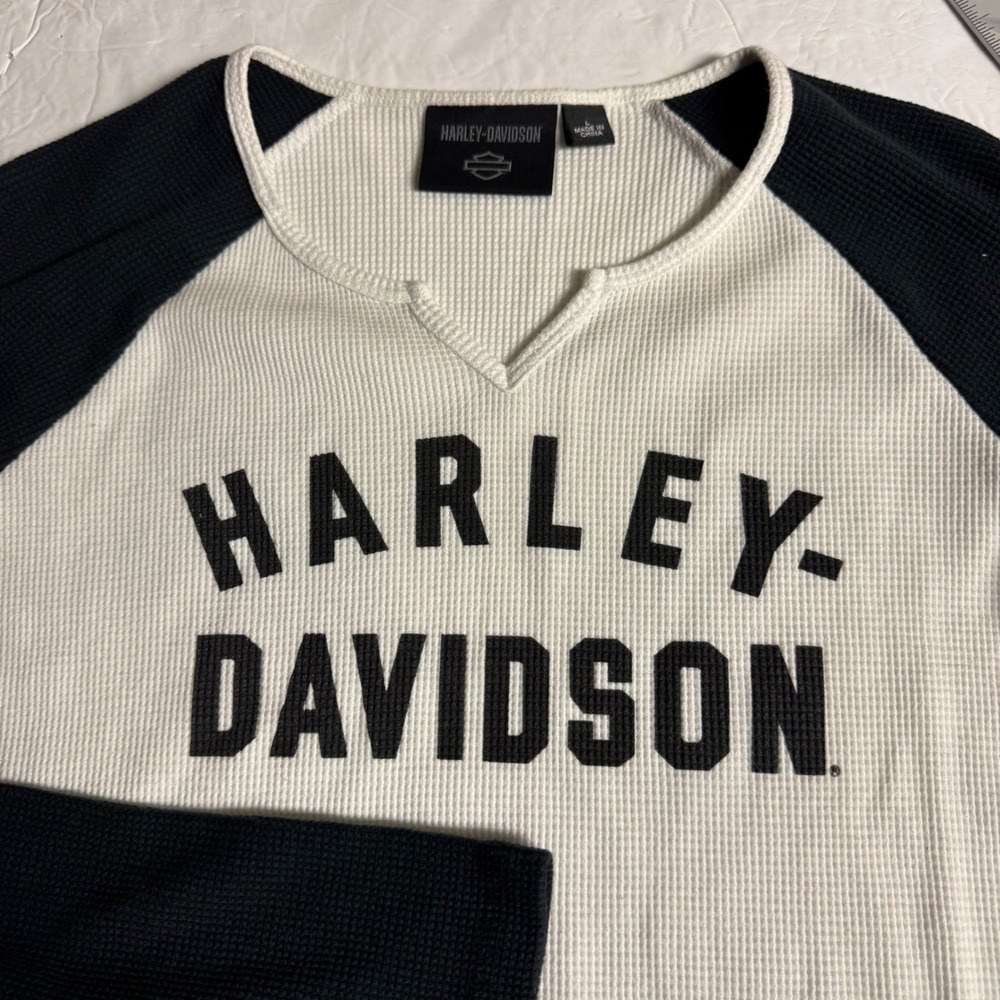 Harley-Davidson Womens Waffle Knit Raglan Thermal Top White Black Large